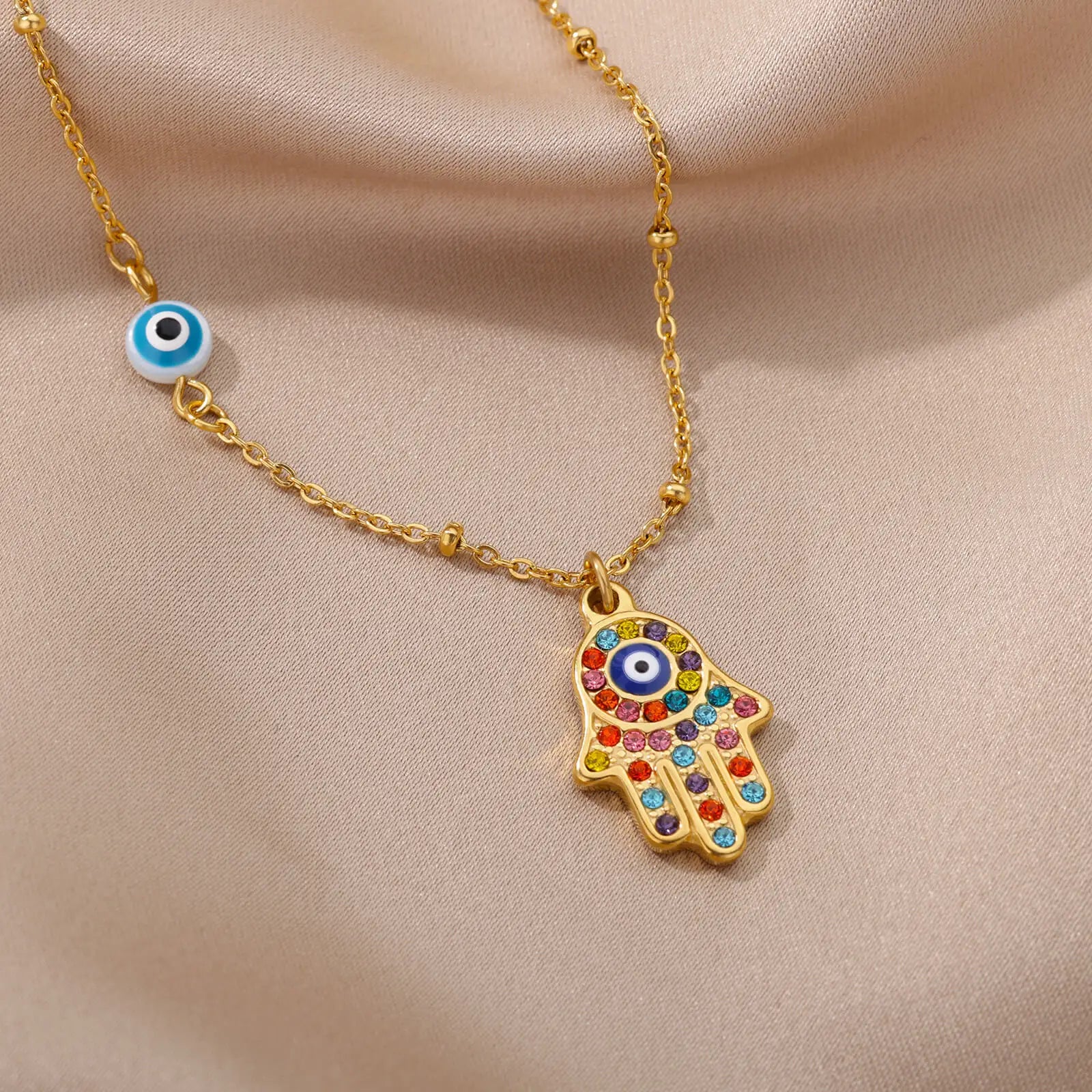 Collier Main de Fatma hamsa œil protecteur acier doré — Bijoux Coeur Linéa — vue 4