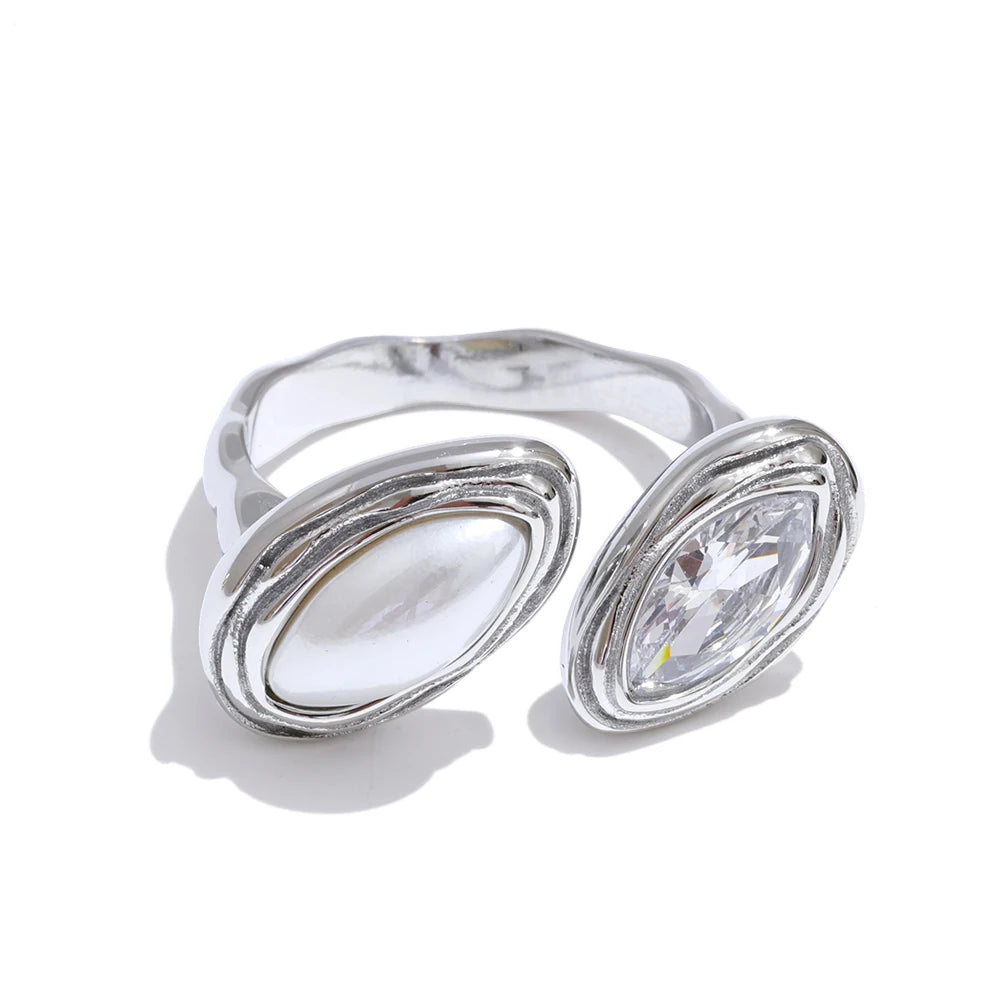 Bague pierres naturelles œil de tigre perle zircon acier doré — Bijoux Coeur Linéa — vue 3