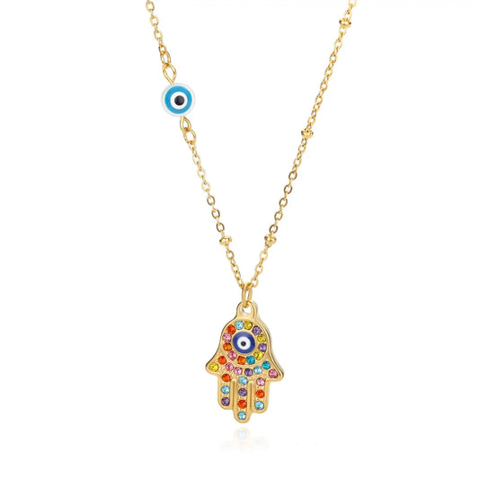 Collier Main de Fatma hamsa œil protecteur acier doré — Bijoux Coeur Linéa