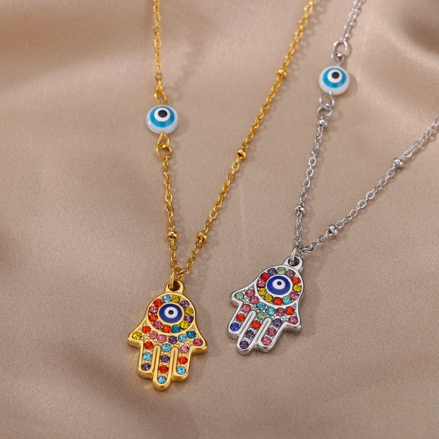 Collier Main de Fatma hamsa œil protecteur acier doré — Bijoux Coeur Linéa — vue 3