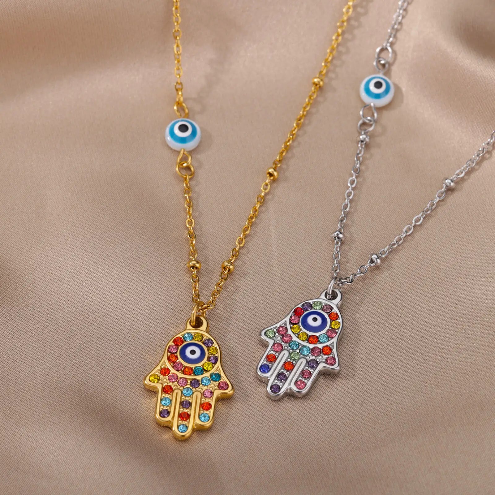 Collier Main de Fatma hamsa œil protecteur acier doré — Bijoux Coeur Linéa — vue 3