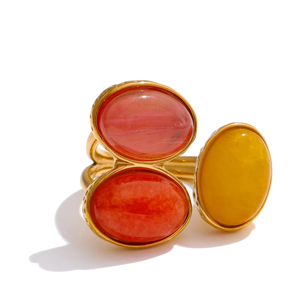 Bague fleur en acier doré avec pierres naturelles aventurine et agate — Bijoux Coeur Linéa — vue 2