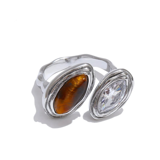 Bague ajustable œil de tigre naturel en acier inoxydable doré — Bijoux Coeur Linéa — vue 2