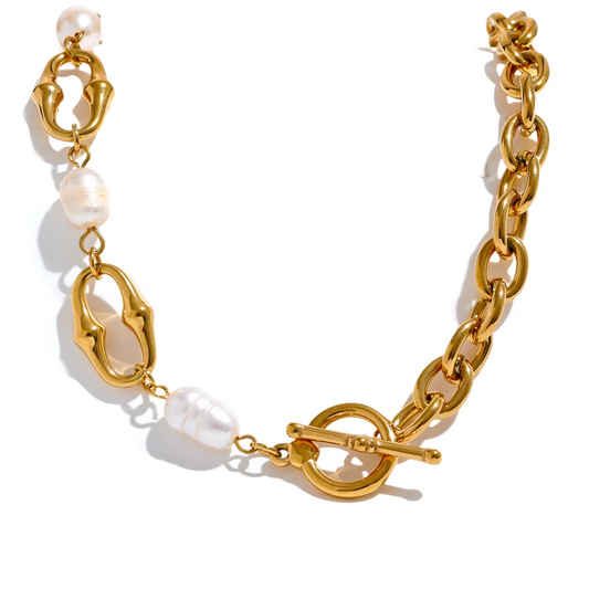 Collier chaîne perles d'eau douce naturelles acier doré — Bijoux Coeur Linéa