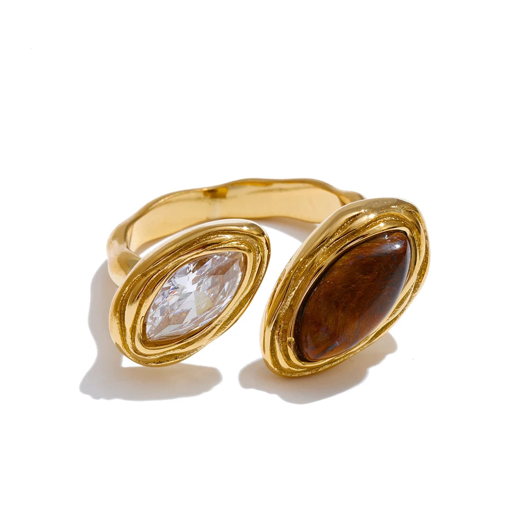 Bague ajustable œil de tigre naturel en acier inoxydable doré — Bijoux Coeur Linéa — vue 4