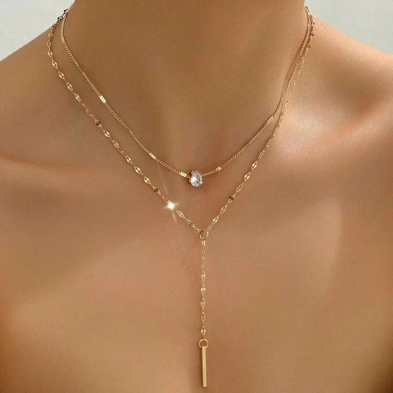 Collier Double Chaîne Femme Goutte Zircon